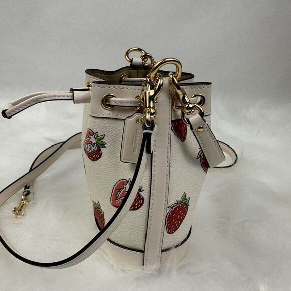 Coach Mini Bucket Bag Crosssbody With Strawberry Print In Canvas Chalk CAL11 NWT - Picture 3 of 9